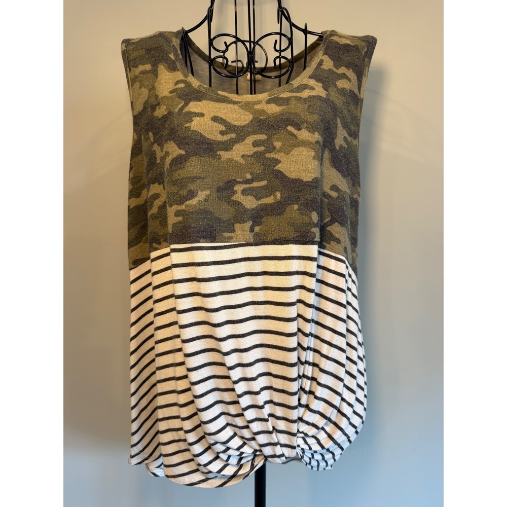 7th Ray Women Camo and Striped Mixed Media Knot Front Tank Top Green White